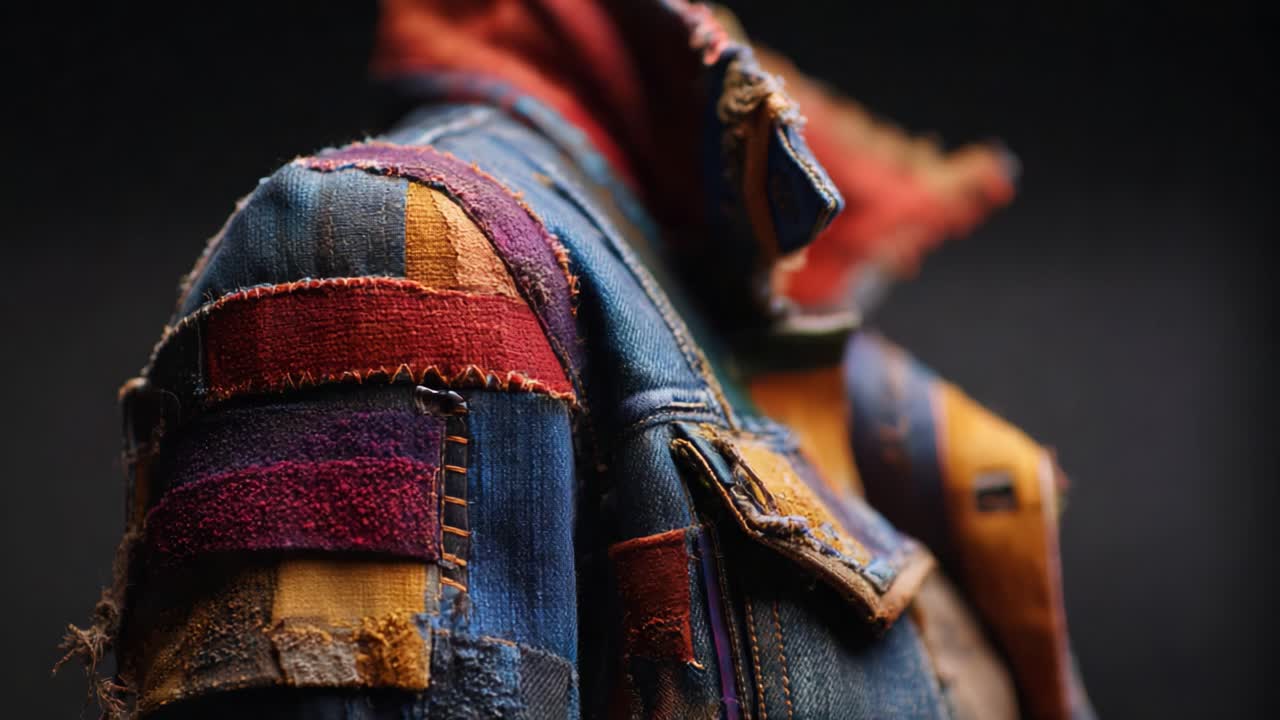 A Close-Up View of a Unique Patchwork Denim Jacket Showcasing Vibrant Colors and Textures, Perfect for Fashion Enthusiasts and Creative Style Aficionados