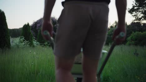 Man-Pushing-Wheelbarrow-With-Potted-Plants-Placed-At-The-Lawn-Yard