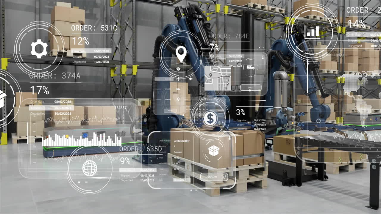 animación de diagramas y procesamiento de datos en máquinas que trabajan en almacenes