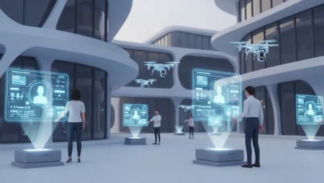 innovative technology showcase: drones and holographic displays in a futuristic urban environment highlighting cutting-edge interactions and solutions