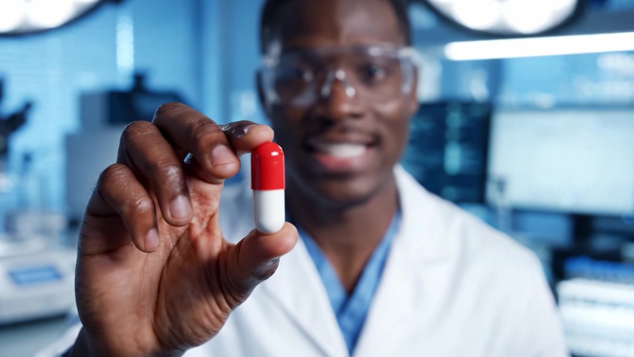 Uno scienziato dedicato che mostra una capsula in un ambiente di laboratorio, evidenziando innovazioni farmaceutiche e scoperte di ricerca in medicina.