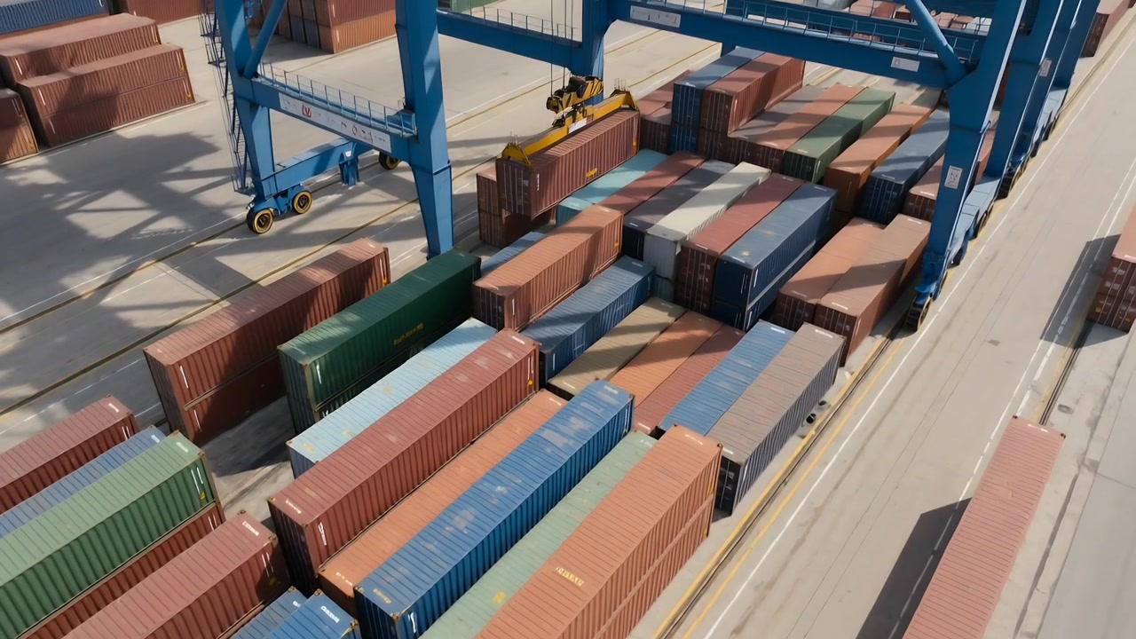 Sænker blå portalkran efter kommando, spreder griber fat og løfter rød container ind i en plads på lagerområdet.