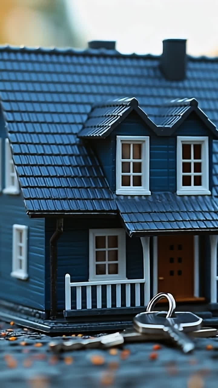Model house shows homeownership. A small model house sits on a surface with keys beside it, representing dreams of home ownership during sunset.
