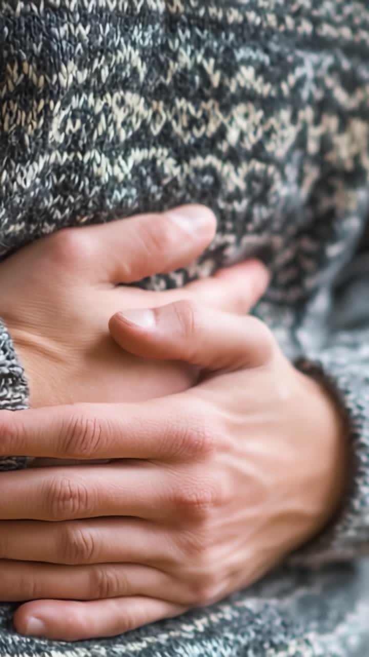 Abbraccio Intimo: Un primo piano di una persona che si tiene delicatamente la pancia, avvolta in un maglione accogliente, che evoca comfort e serenità in un momento di relax.