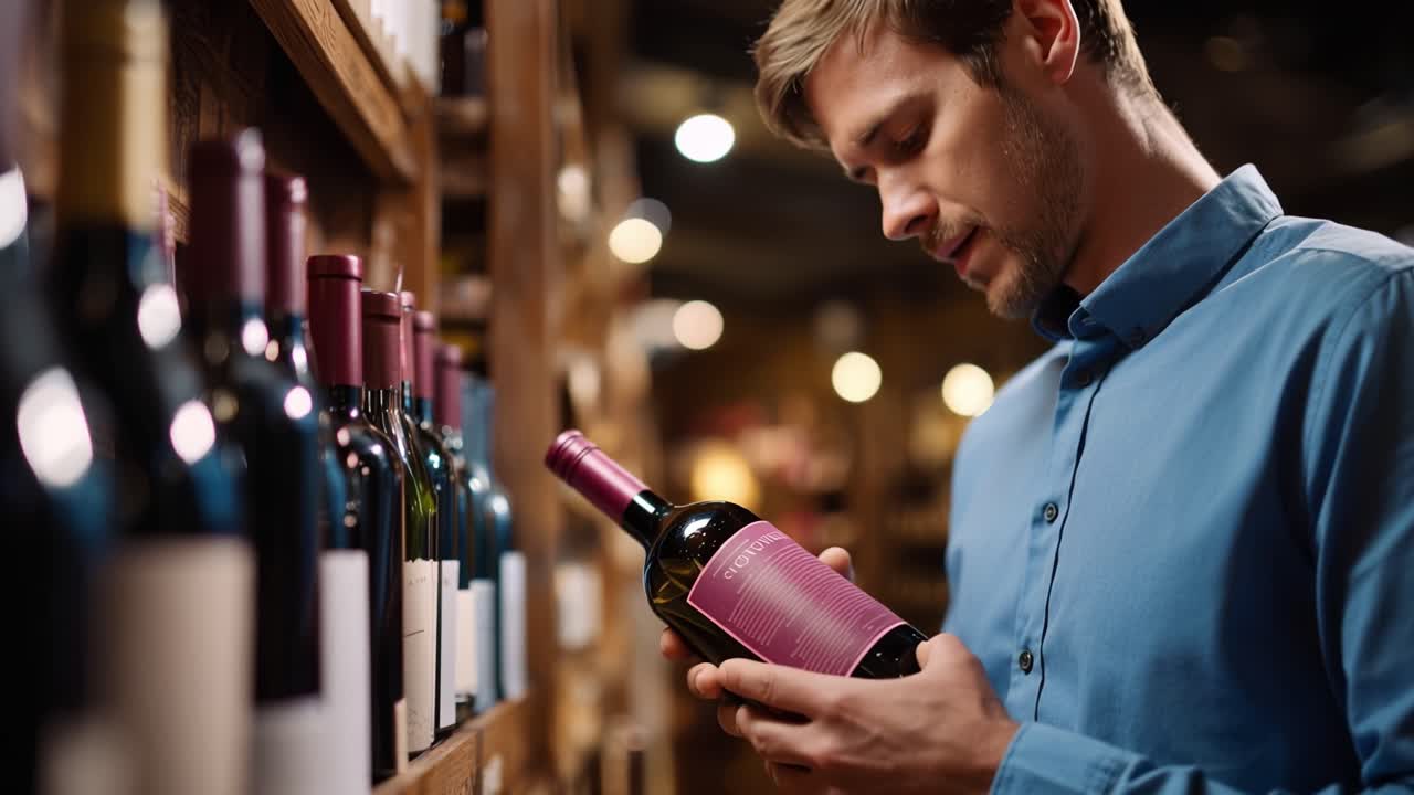 L'uomo esamina una bottiglia di vino in un negozio poco illuminato. Indossa una camicia blu, concentrato, curioso. Luci calde brillano delicatamente dietro gli scaffali. Gli scaffali contengono molte bottiglie, disposte ordinatamente. Ideale per cibo e bevande.