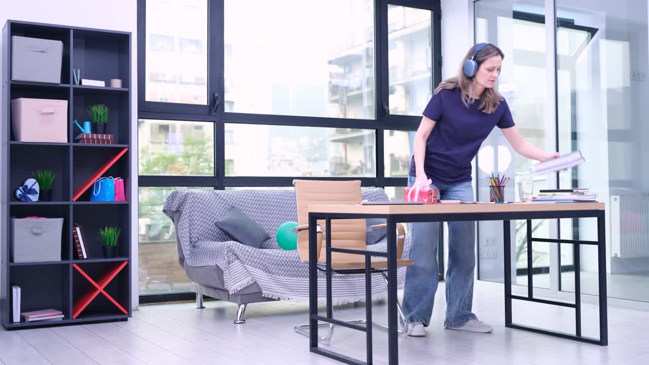 Woman Working at Desk in Modern Apartment