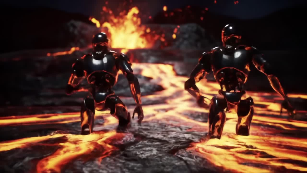 Dynamic Robots Navigating a Volcanic Landscape, Surrounded by Fiery Lava and Eruptions, Showcasing Advanced Animation and Sci-Fi Elements in a Stunning Visual Narrative