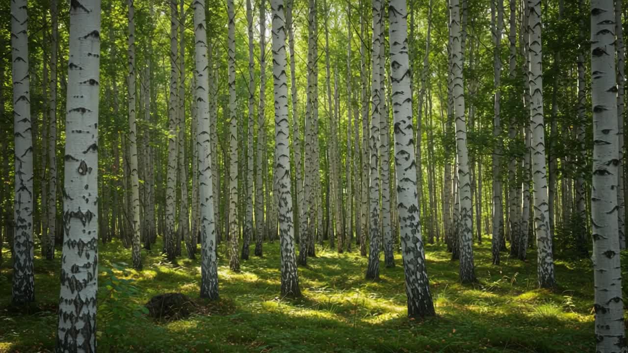Ein ruhiger Birkenwald, erleuchtet von sanftem Sonnenlicht, der die majestätische Schönheit der Natur mit anmutigen Bäumen und üppigem Grün zeigt.