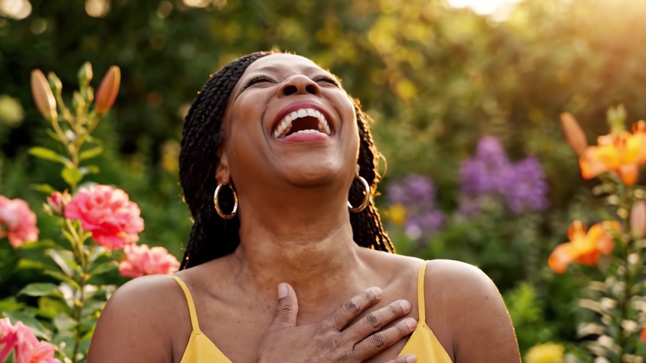 A joyful woman in a yellow dress radiates happiness surrounded by vibrant flowers, capturing a moment of pure positivity and warmth in a beautiful garden setting.