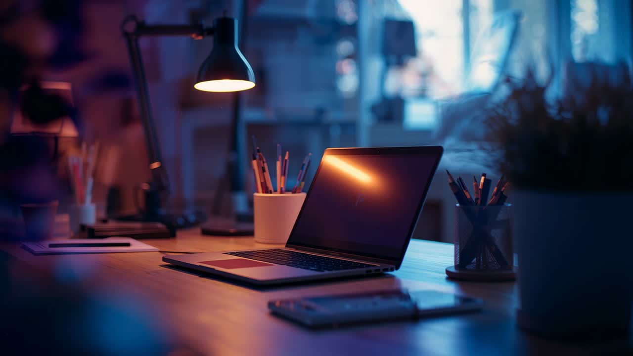 Switching on lamp illuminating closed laptop on home workspace, with pencil cups smartphone plant