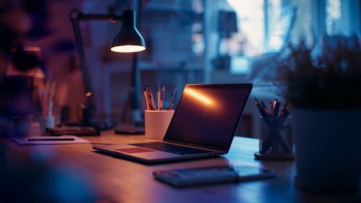Switching on lamp illuminating closed laptop on home workspace, with pencil cups smartphone plant