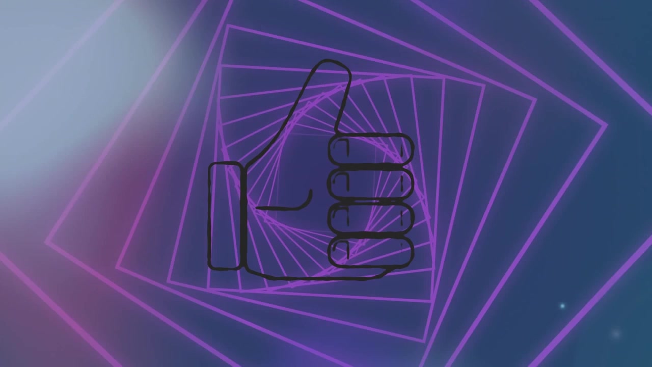 Animation of thumbs up icon over square tunnel looping in spiral pattern