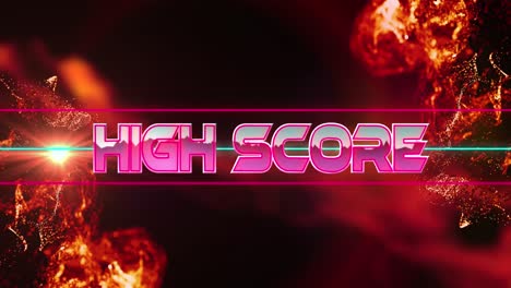 Animation-of-high-score-text-and-neon-lines-over-flames-background