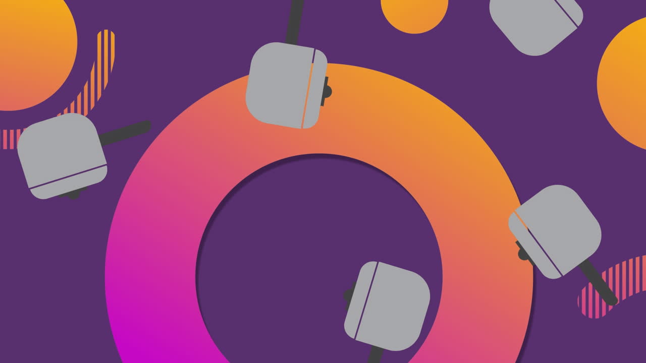 Animation of grey saucepans falling over orange and pink ring and circles on purple background