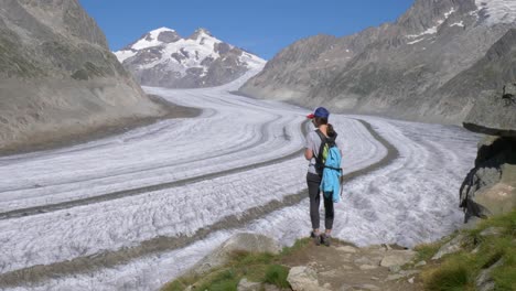 una excursionista solitaria mira hacia un vasto glaciar