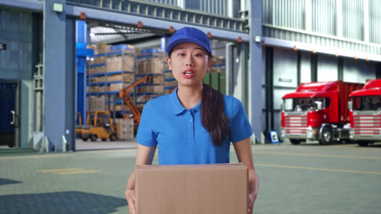 Unsatisfied Asian Female Courier In Blue Uniform Shouting To Camera While Delivering A Carton, Outside Warehouse