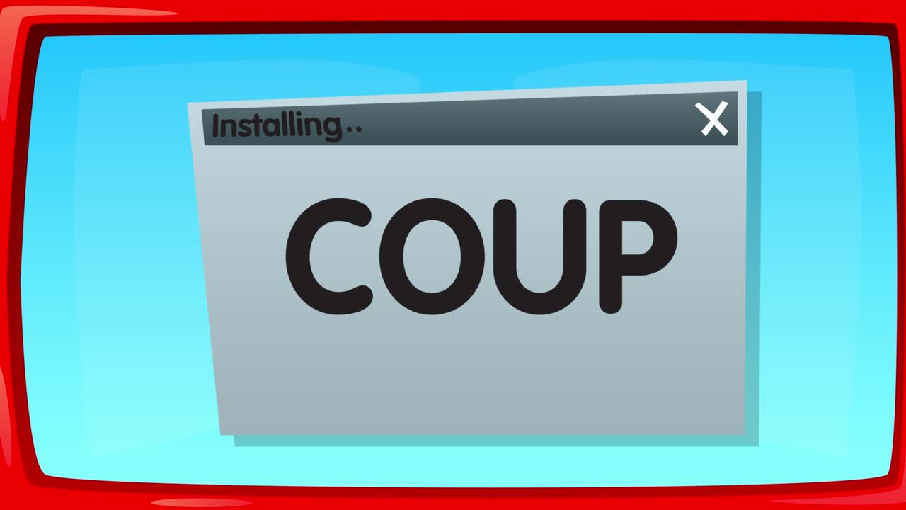 Abstract cartoon screen with the Coup word in an install window