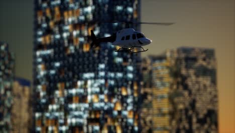 slow motion helicopter near skyscrapers at night