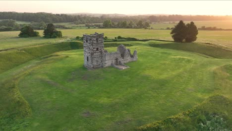 Knowlton-Church-early-morning-aerial-view,-Dorset,-England,-UK