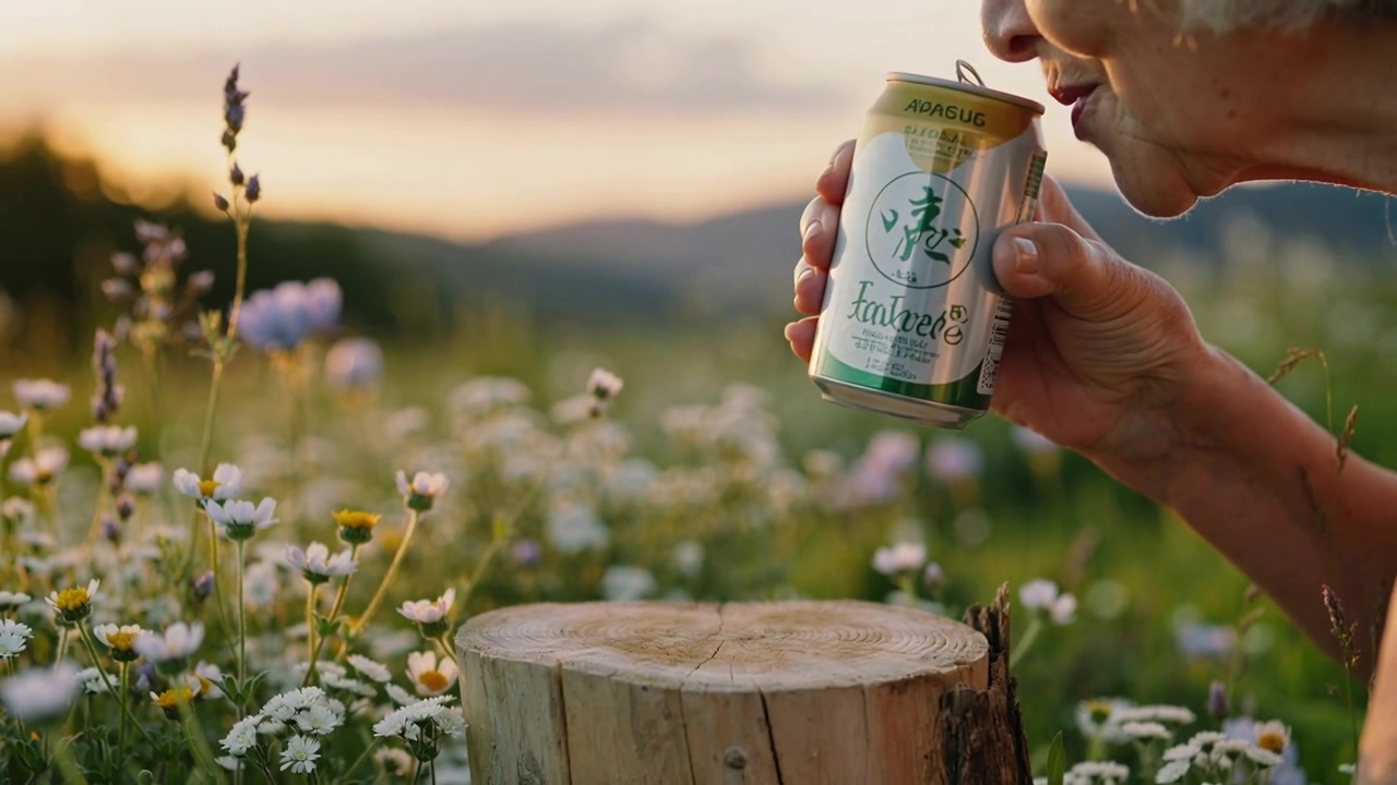 Reaching from right senior woman in shortsleeve lifting green can at field stump tasting