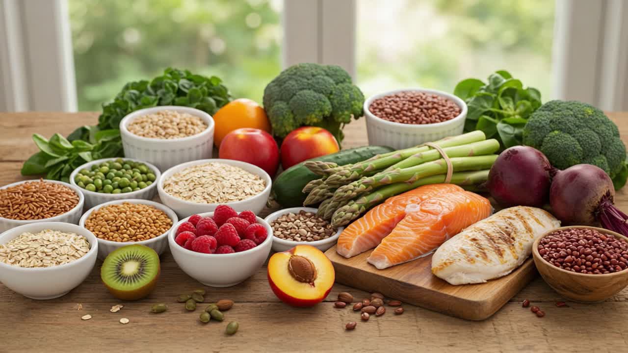 A Colorful Array of Fresh Fruits, Vegetables, and Nutritious Foods Together Showcasing the Essentials for a Healthy Lifestyle in Two Frames from a Culinary Video