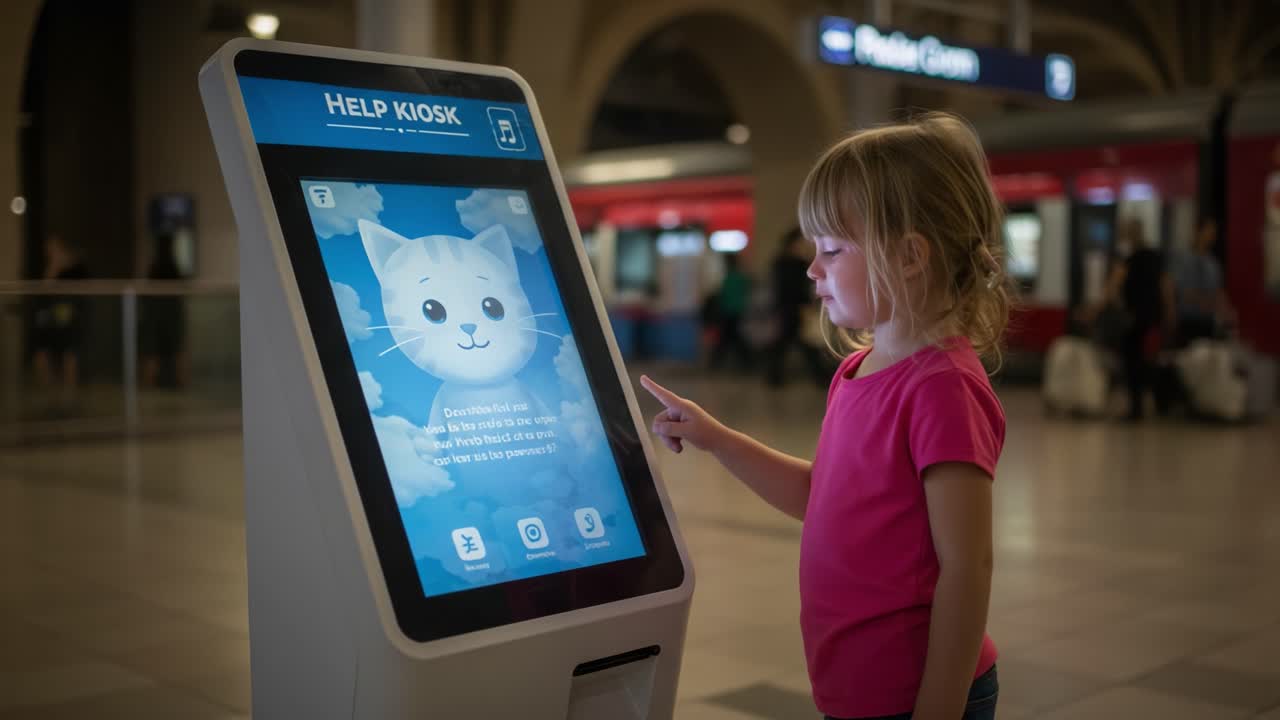 A Young Girl Engaged with a Digital Help Kiosk Displaying an Interactive Cat Interface in a Busy Transportation Hub