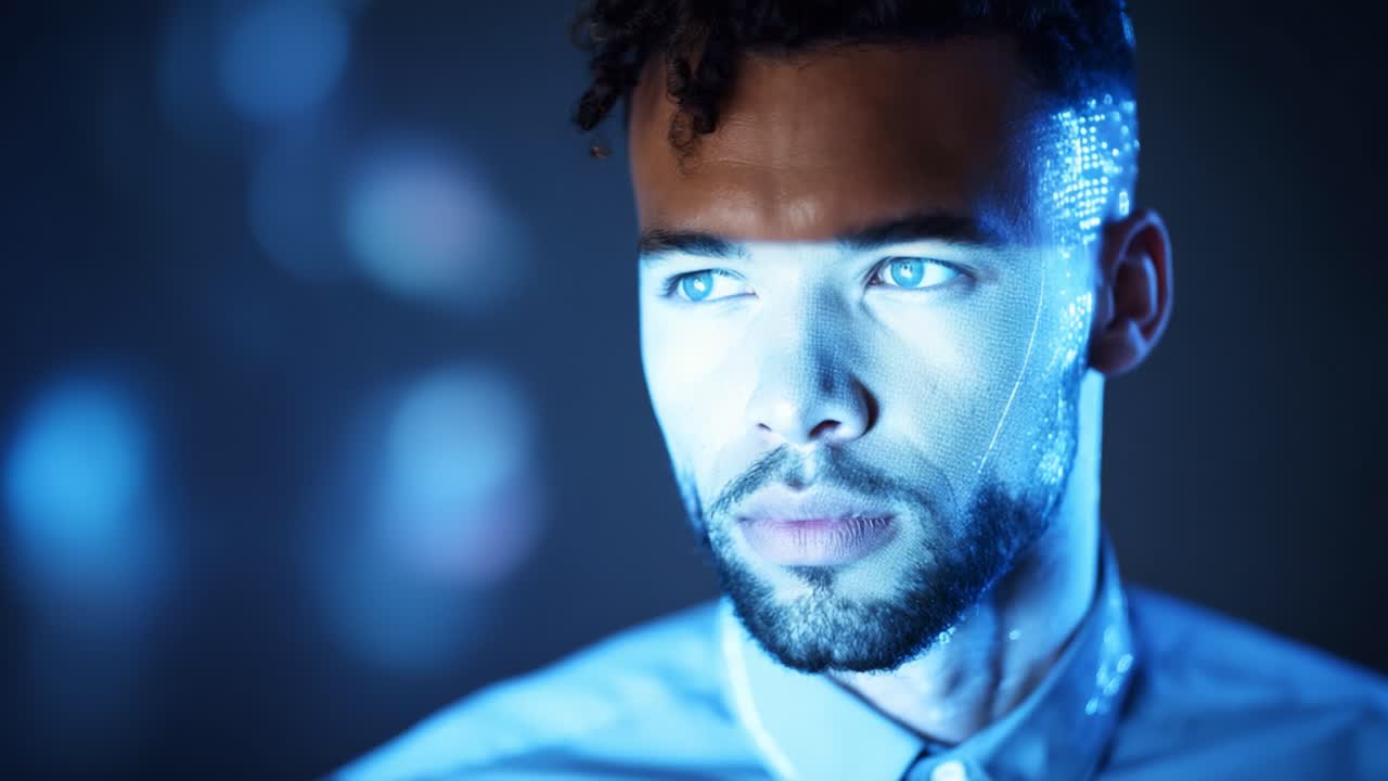 Captivating Portrait of a Young Man Enhanced with Futuristic Digital Effects, Illuminated by Blue Light and Showcasing an Intriguing Expression and Unique Style