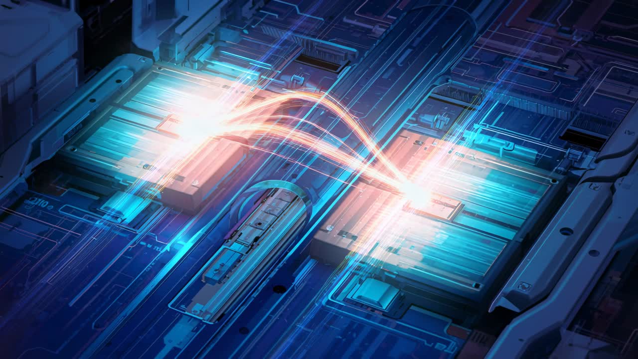 Starting from one module, two modules pulsing teal sending pink-orange arcs across channel on board