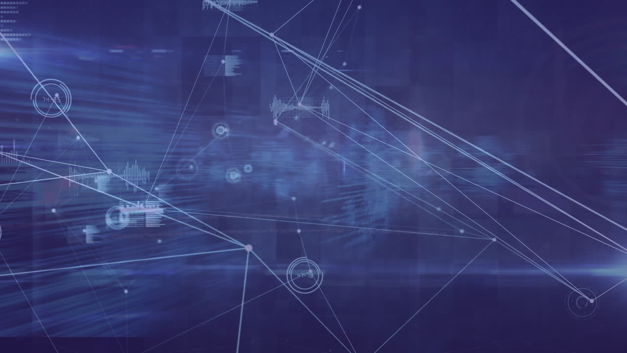 animación de la red de conexiones y procesamiento de datos sobre fondo azul