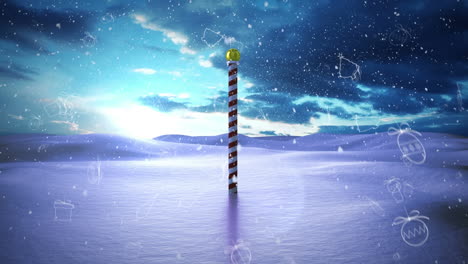 christmas concept icons and snow falling over north pole on winter landscape against blue sky