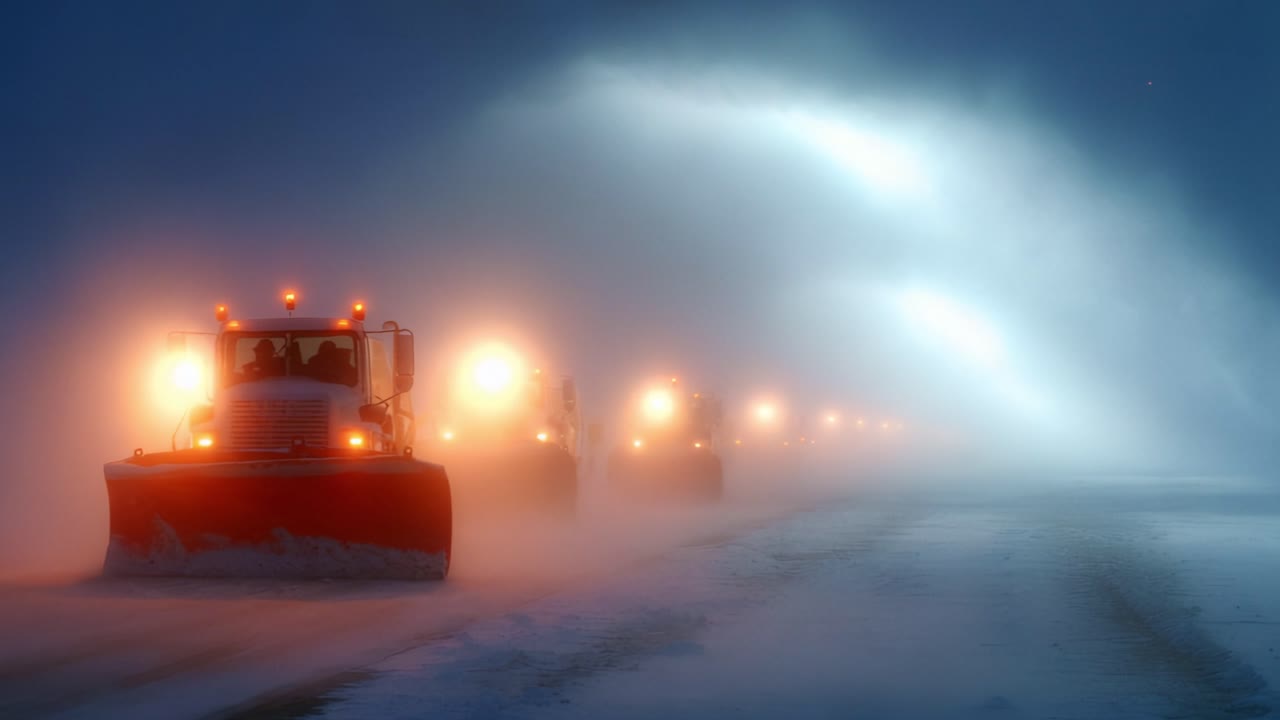 A fleet of powerful snow plows work together in a blizzard, cutting through heavy snow and fog to keep the roads clear and safe during winter weather conditions