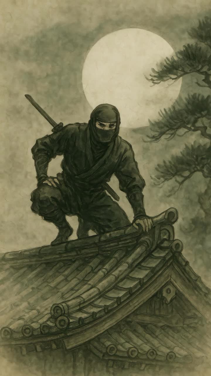 A ninja poised on a rooftop under a full moon, captured from a low angle