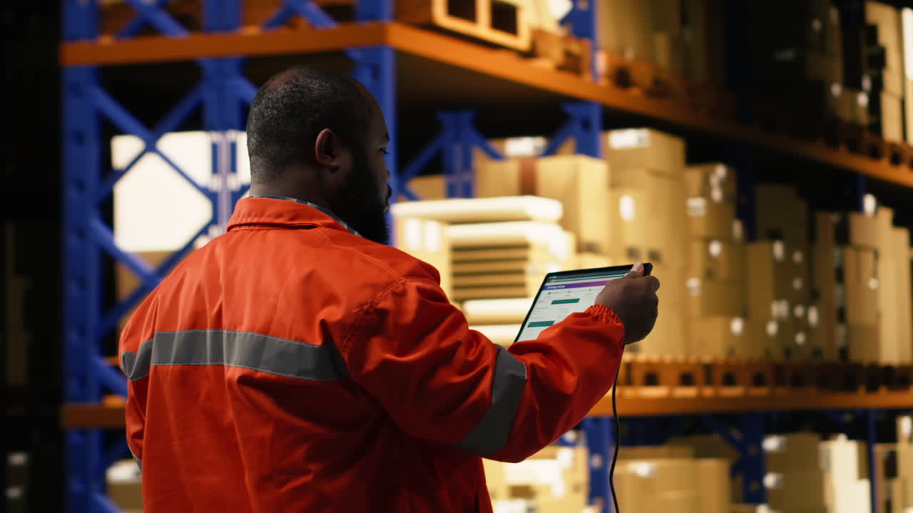 African american personnel scanning barcodes and shipment tags on tablet