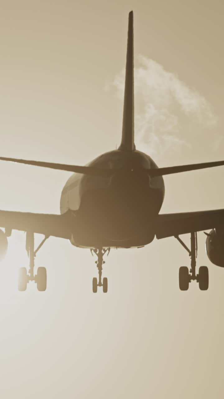 Avión volando en dirección al aeropuerto para aterrizar a cámara superlenta al atardecer en vertical