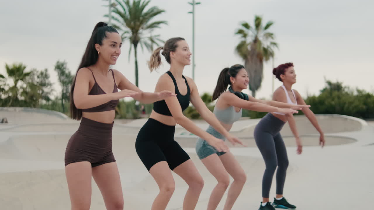 Four Women Doing Squats in Park