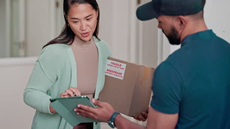 tablet, woman and signature for delivery man