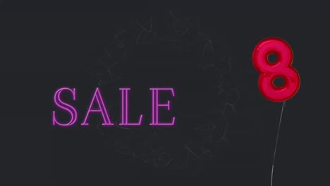 animation of 8 red balloon and sale text on black background