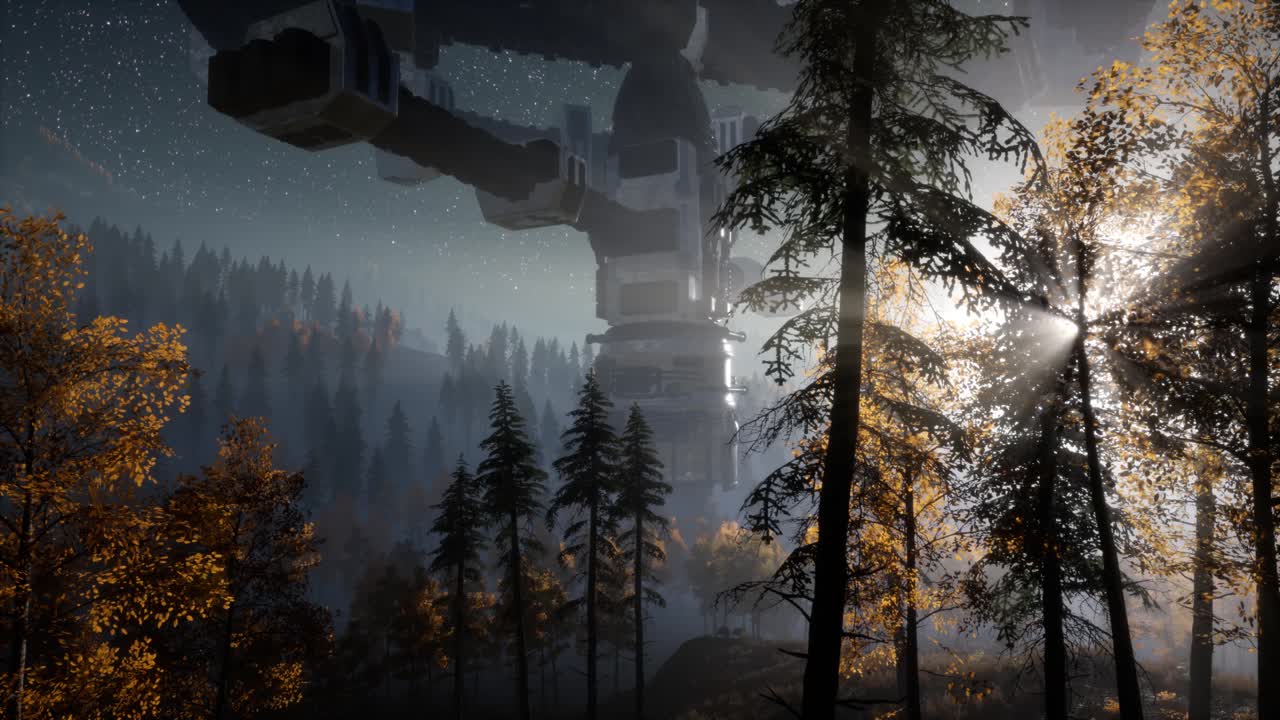 UFO hovering over a forest at night with light beam