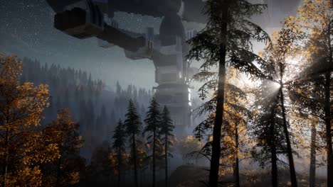 ufo, das nachts mit lichtstrahl über einem wald schwebt