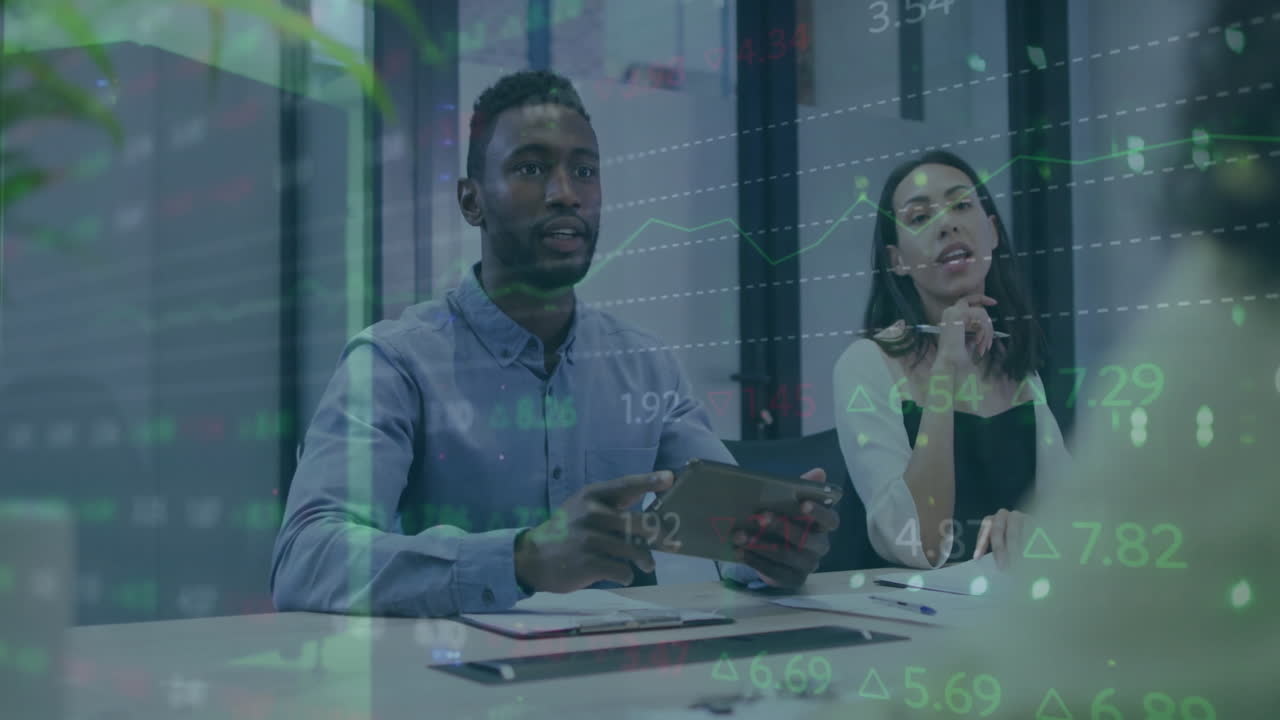 Animation of multicolored infographic interface over diverse coworkers discussing and shaking hands