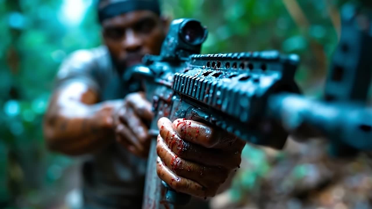 A man holding a rifle with blood on his hands