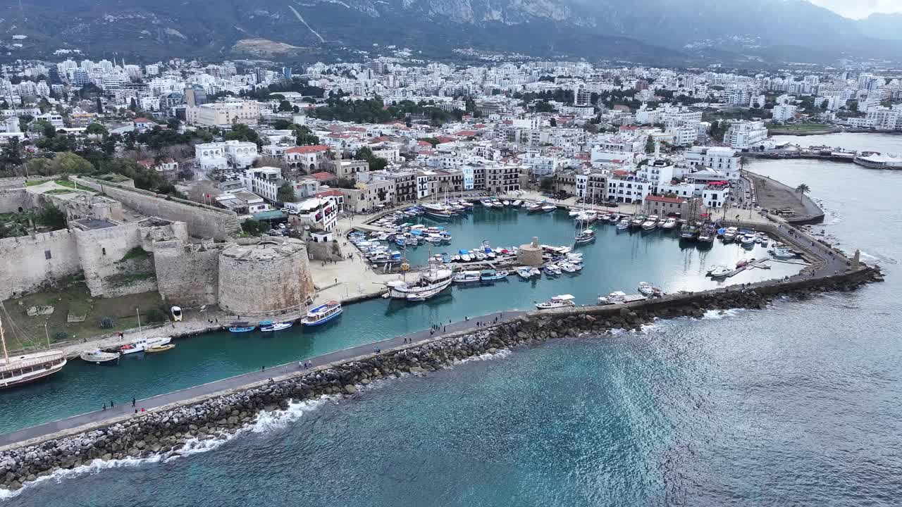 Aerial View of the Ancient Port and Kyrenia Castle in Kyrenia, the Pearl of Northern Cyprus