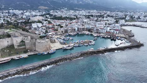 aerial view of the ancient port and kyrenia castle in kyrenia, the pearl of northern cyprus