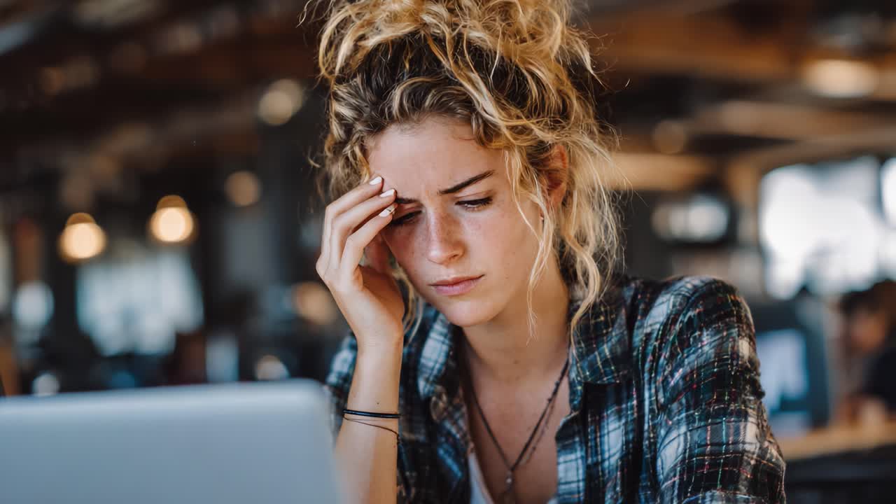 A Young Woman Experiencing Stress and Frustration While Working on a Laptop in a Busy Cafe Environment, Struggling to Focus Amid Distractions
