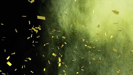 Animation-of-gold-confetti-and-yellow-powder-falling,-on-black-background