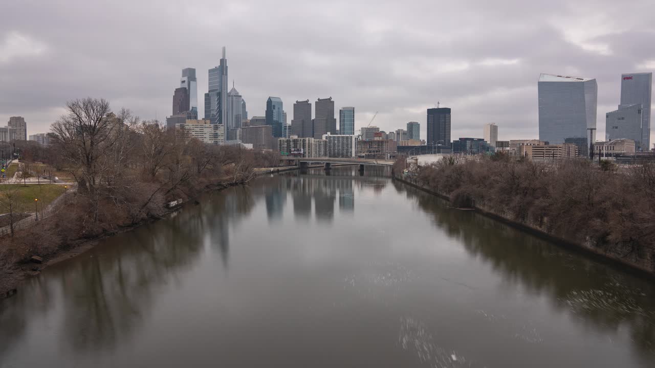 Philadelphia skyline timelapse taken from nearby the Art Museum over the Schuylkill River
