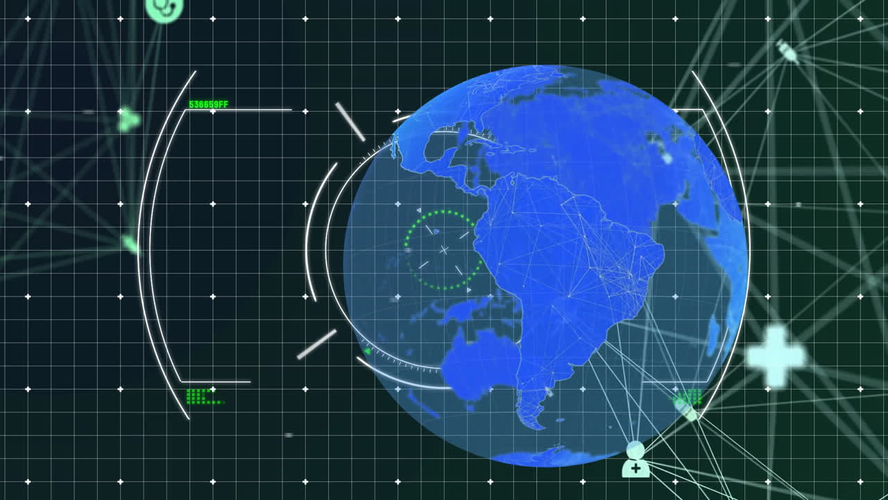 Global network connections and data processing animation over digital Earth grid