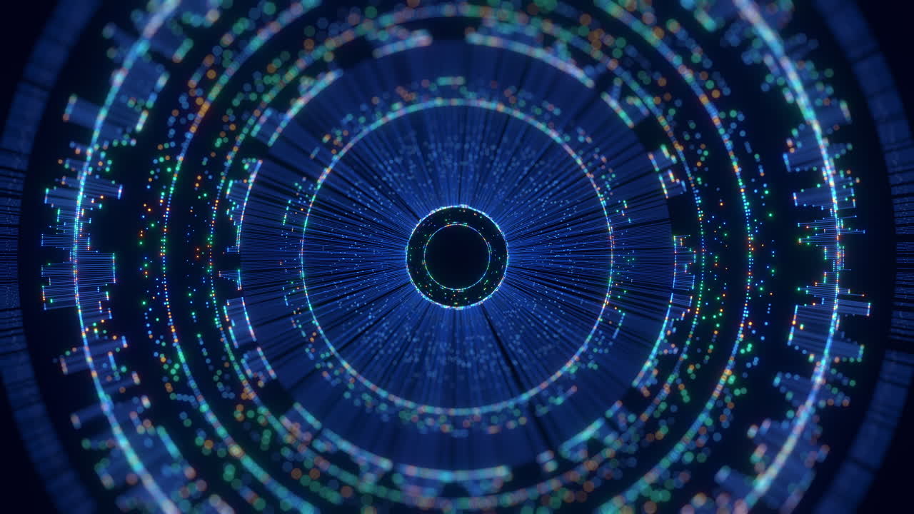 This abstract digital background showcases interconnected lines, glowing dots, and concentric circles, illustrating concepts of global networks, artificial intelligence, and big data processing