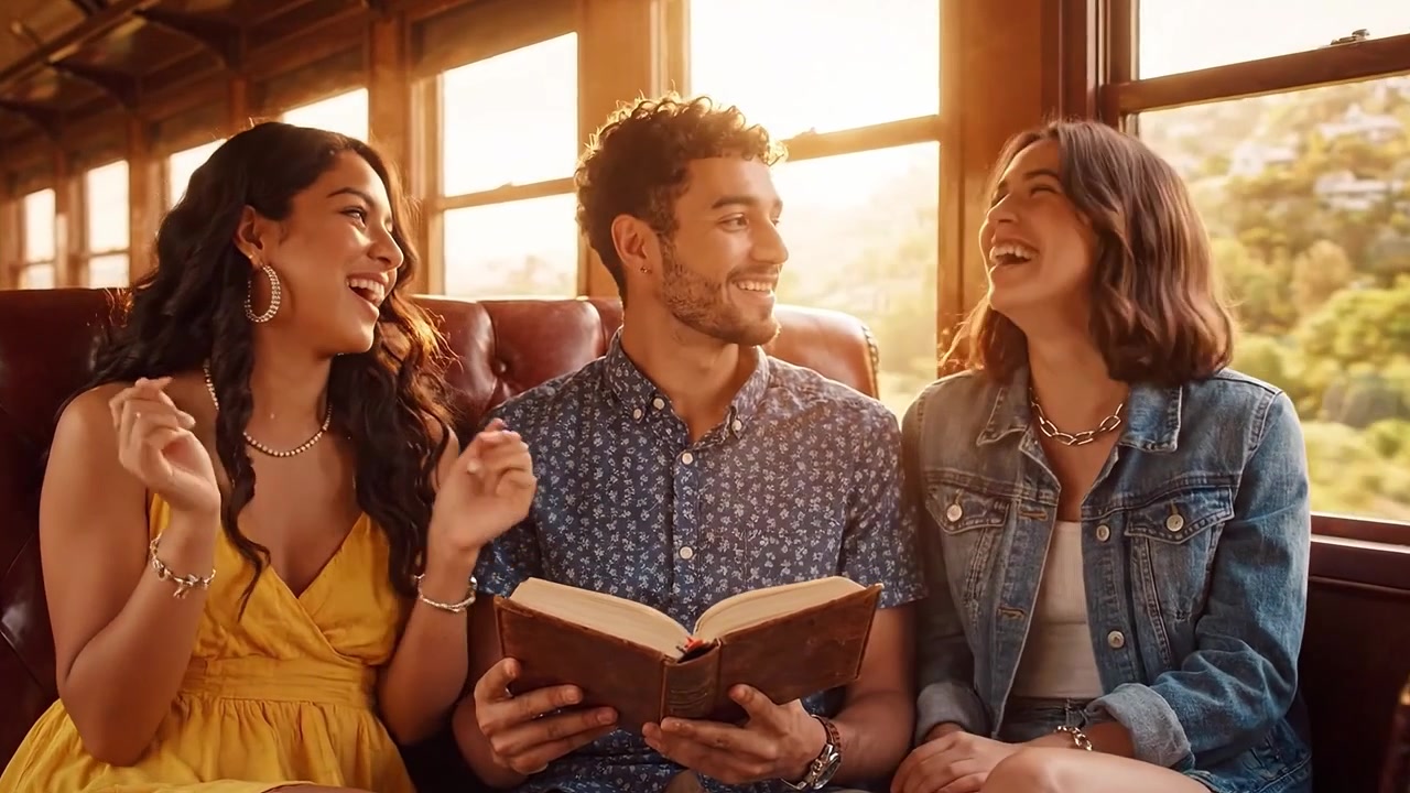 Tres Amigos Disfrutan Leyendo Juntos en un Pintoresco Viaje en Tren, Explorando Nuevas Historias y Creando Recuerdos Duraderos Mientras el Sol se Pone Afuera.