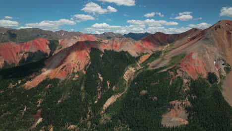 Antena-Cinematográfico-Zumbido-Verano-Gran-Altitud-Rojo-Paso-De-Montaña-Ouray-Silverton-Teluride-Colorado-Cielo-Azul-Mañana-Cielo-Azul-Parcialmente-Nublado-Montañas-Rocosas-Impresionante-Conducir-Pan-Derecho-Movimiento